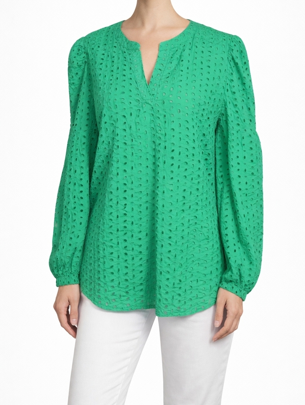 Merokeety Green Eyelet Blouse Size L NWT Long Sleeve V-Neck Boho Top
